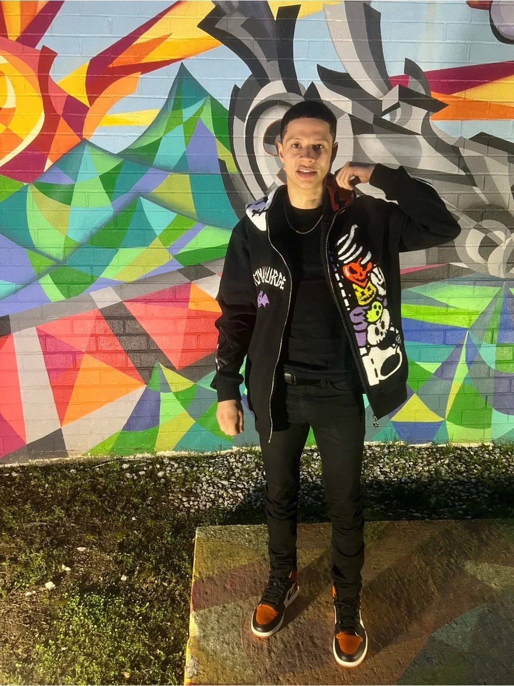 Black Halloween Graphic Zip Hoodie Jacket with Colorful Skull Patchwork